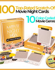 Movie Night Box from Date Night Brands featuring 100 scratch-off movie cards spread out on a table, showcasing genres like horror, sci-fi, and comedy, with a QR code for movie details, surrounded by popcorn for a cinematic experience.