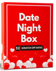 Date Night Box game for couples featuring 52 unique scratch-off date cards displayed on a white pedestal. Romantic red packaging with white heart accents and bold text makes this the perfect gift for couples, anniversaries, Valentine’s Day, or spontaneous romantic nights. Ideal for husband and wife, boyfriend and girlfriend, or newlyweds. Fun at-home date night game and relationship builder designed to spark connection, laughter, and surprise.
