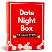 Date Night Box game for couples featuring 52 unique scratch-off date cards displayed on a white pedestal. Romantic red packaging with white heart accents and bold text makes this the perfect gift for couples, anniversaries, Valentineβs Day, or spontaneous romantic nights. Ideal for husband and wife, boyfriend and girlfriend, or newlyweds. Fun at-home date night game and relationship builder designed to spark connection, laughter, and surprise.