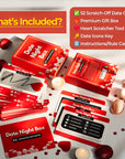 Flat lay of Date Night Box couples game showing contents: 52 romantic scratch-off date cards, red heart scratcher tool, rule card, date icon key, and premium gift box. Surrounded by candles, petals, and soft shadows for a romantic vibe. A perfect couples gift for Valentine's Day, anniversaries, weddings, or date nights at home. Fun and meaningful relationship game for husbands, wives, boyfriends, girlfriends, or newly engaged couples.