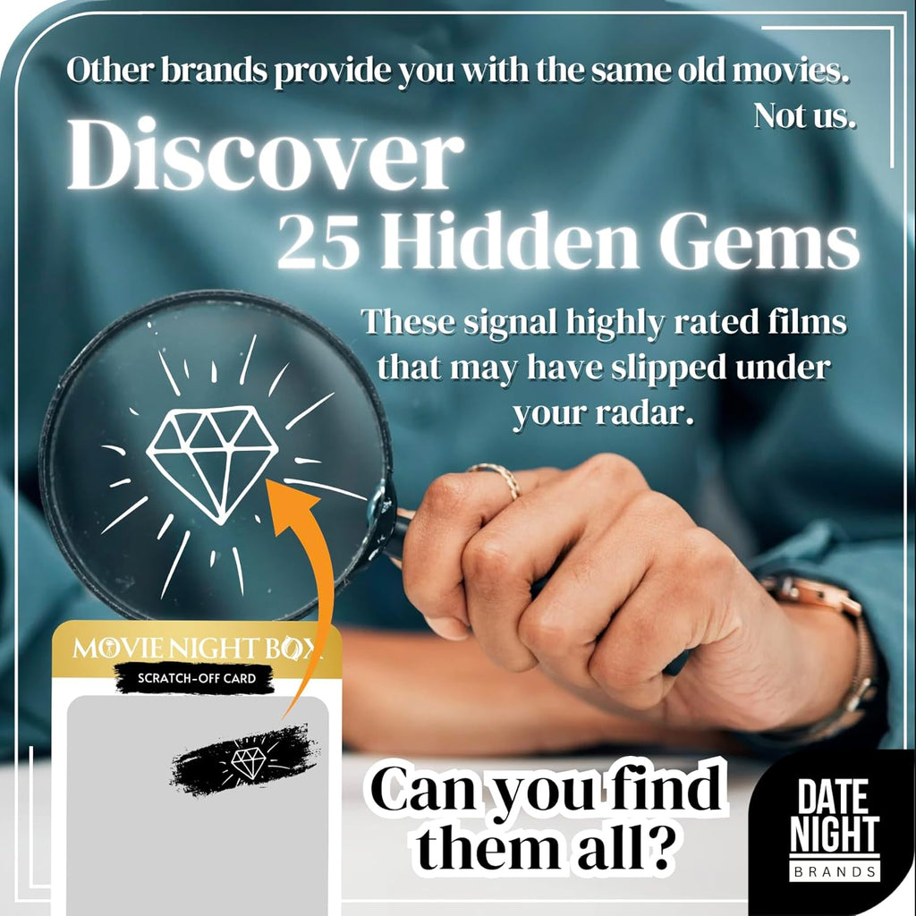 Discover 25 hidden gems with Movie Night Box | Scratch-off cards revealing highly rated films | Unique movie challenge for couples and families | Hidden gem movies that may have been missed | Interactive movie game for movie lovers | Perfect for family bonding and date nights | Fun cinematic adventure with curated films | Gift for movie enthusiasts | Movie trivia and discovery game | Great for at-home entertainment and holiday gifts.