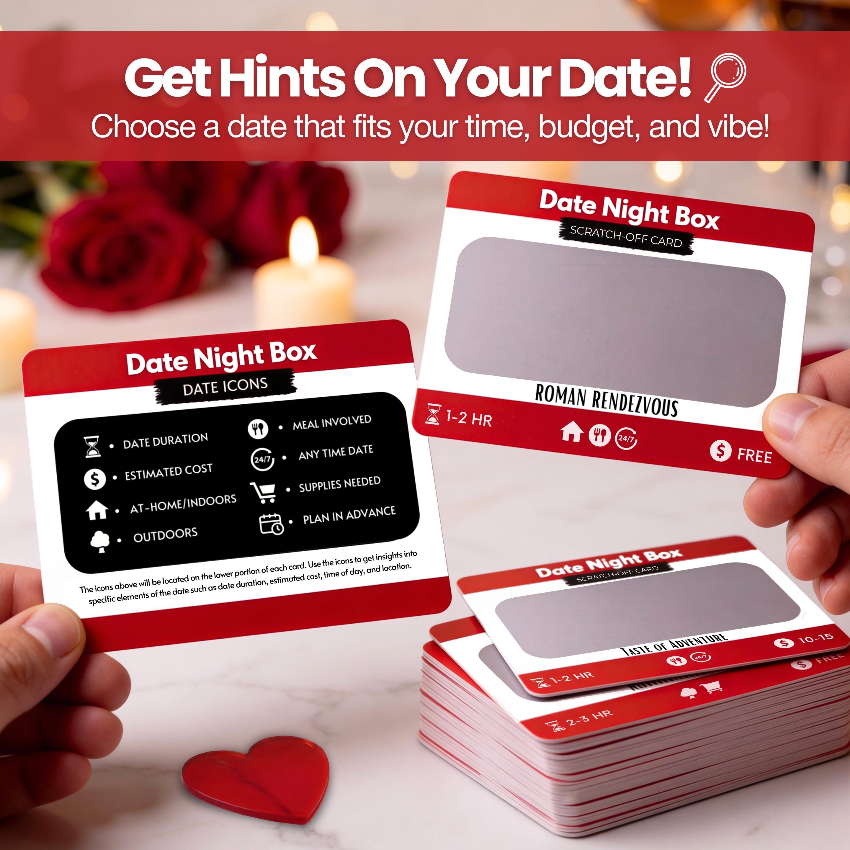 Date Night Box with 52 creative couples challenges, scratch-off surprise cards, and romantic activities for married couples, new relationships, or long-term partners. Features helpful icons to choose budget-friendly, at-home date night ideas, spontaneous games, and flirty couple experiences. Great as a unique gift for boyfriends, engagement gift, honeymoon keepsake, or anniversary gift for wife. Add fun, laughter, and bonding to your relationship routine.