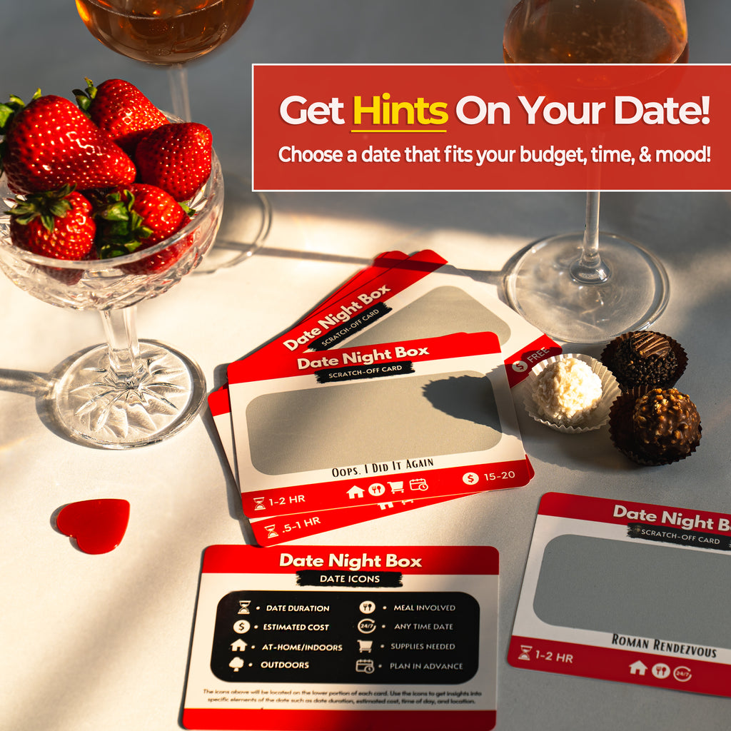 Date Night Box with 52 creative couples challenges, scratch-off surprise cards, and romantic activities for married couples, new relationships, or long-term partners. Features helpful icons to choose budget-friendly, at-home date night ideas, spontaneous games, and flirty couple experiences. Great as a unique gift for boyfriends, engagement gift, honeymoon keepsake, or anniversary gift for wife. Add fun, laughter, and bonding to your relationship routine.