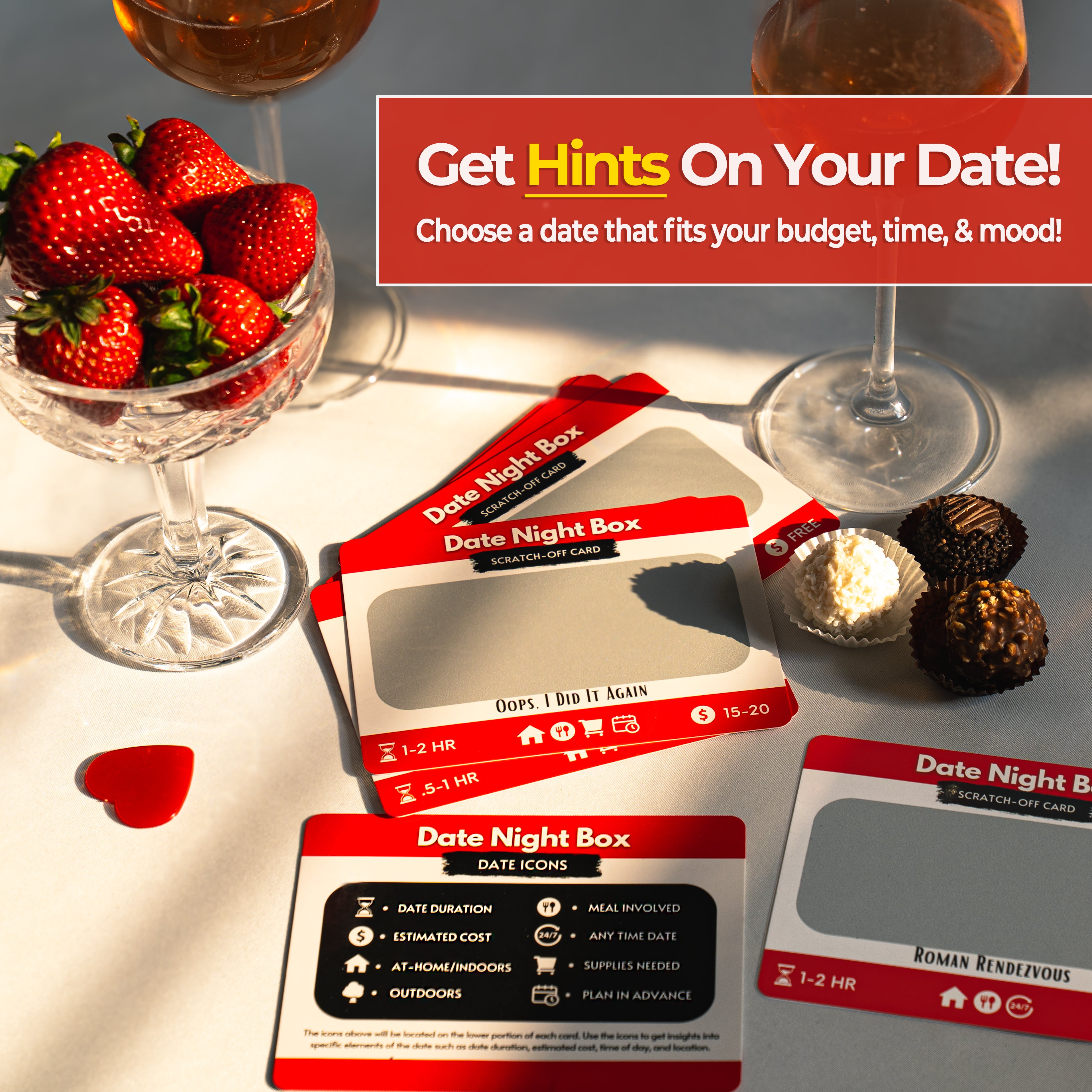 Date Night Box with 52 creative couples challenges, scratch-off surprise cards, and romantic activities for married couples, new relationships, or long-term partners. Features helpful icons to choose budget-friendly, at-home date night ideas, spontaneous games, and flirty couple experiences. Great as a unique gift for boyfriends, engagement gift, honeymoon keepsake, or anniversary gift for wife. Add fun, laughter, and bonding to your relationship routine.