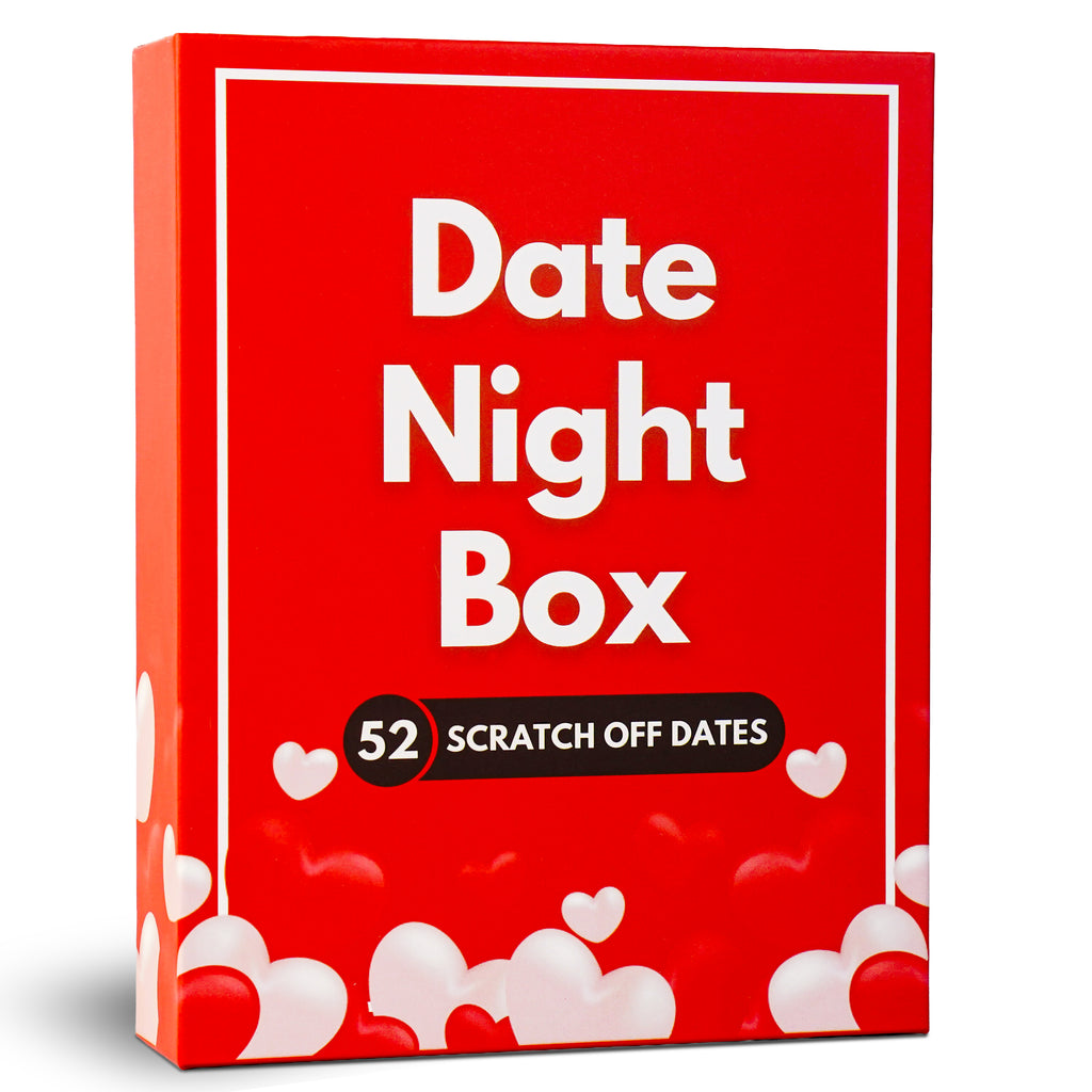 Date Night Box game for couples featuring 52 unique scratch-off date cards displayed on a white pedestal. Romantic red packaging with white heart accents and bold text makes this the perfect gift for couples, anniversaries, Valentine’s Day, or spontaneous romantic nights. Ideal for husband and wife, boyfriend and girlfriend, or newlyweds. Fun at-home date night game and relationship builder designed to spark connection, laughter, and surprise.