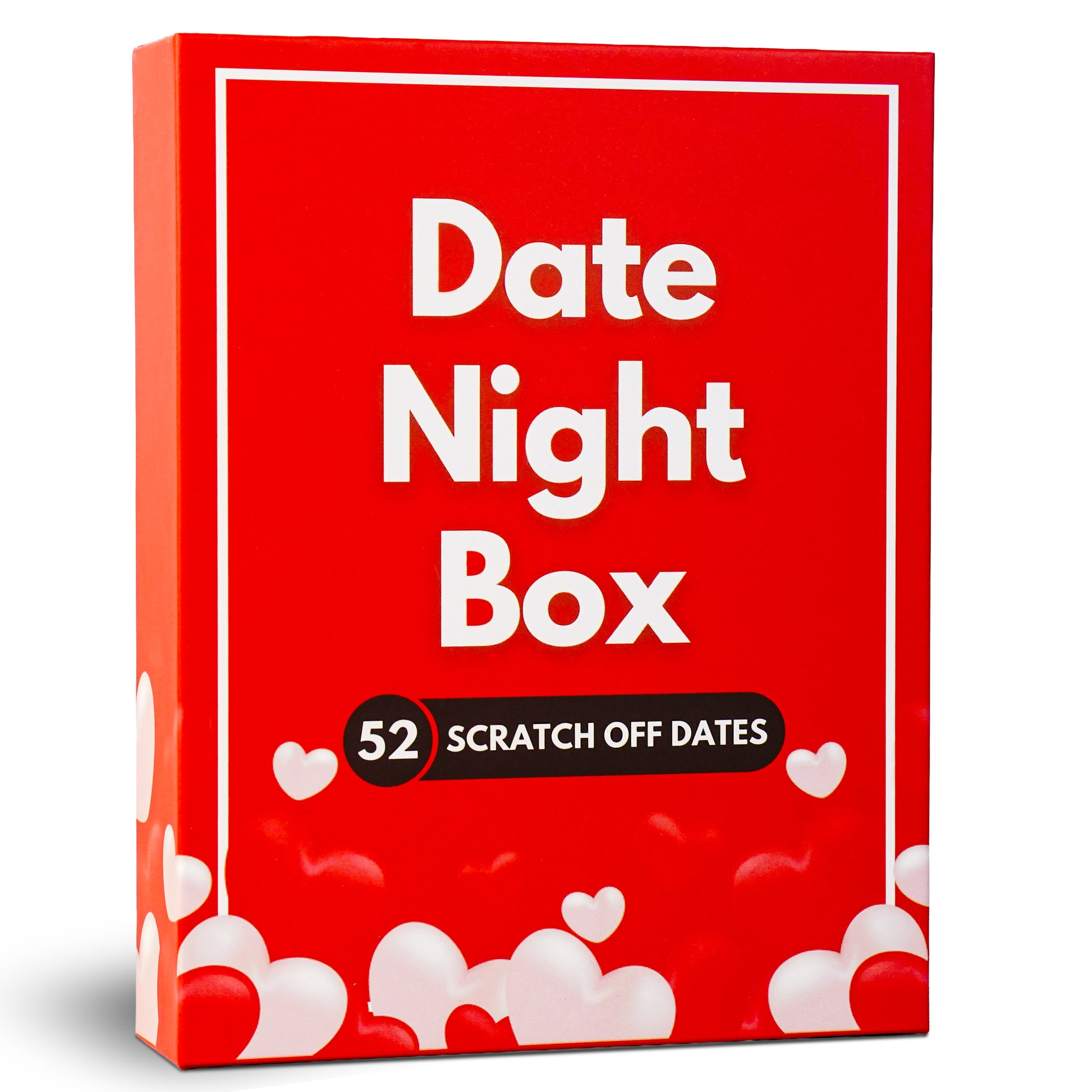 Date Night Box game for couples featuring 52 unique scratch-off date cards displayed on a white pedestal. Romantic red packaging with white heart accents and bold text makes this the perfect gift for couples, anniversaries, Valentine’s Day, or spontaneous romantic nights. Ideal for husband and wife, boyfriend and girlfriend, or newlyweds. Fun at-home date night game and relationship builder designed to spark connection, laughter, and surprise.