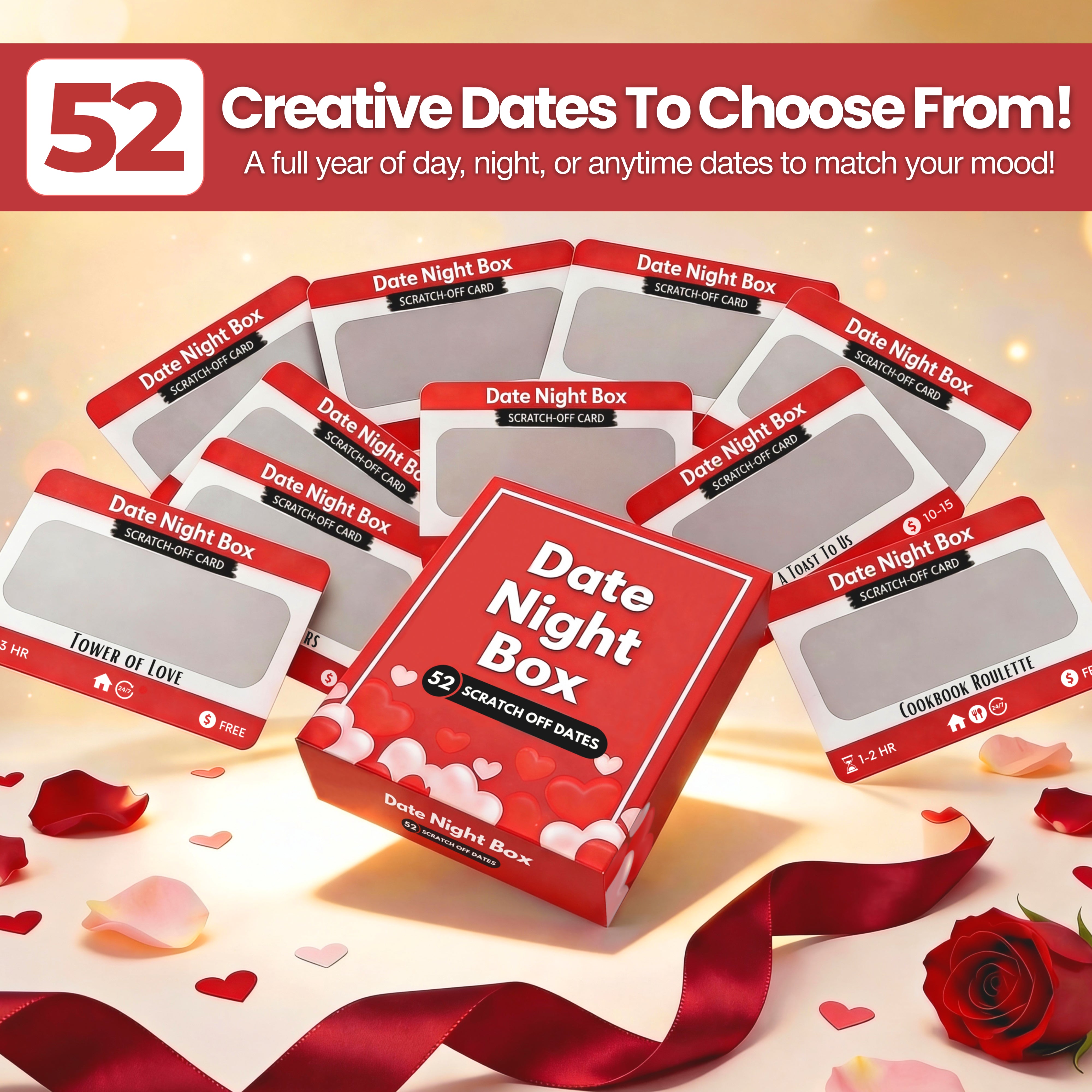 Date Night Box for couples, romantic scratch-off card game with 52 surprise date ideas. Couples gift, boyfriend gift, girlfriend gift, husband gift, wife gift, anniversary gift, Valentine’s Day gift, wedding gift, newlywed gift, romantic game for couples, relationship game, fun couples activity, date night ideas at home, adult games for couples, unique couples gift, couples challenge, gift for him and her, romantic card deck, stocking stuffer, engagement gift, year of dates.