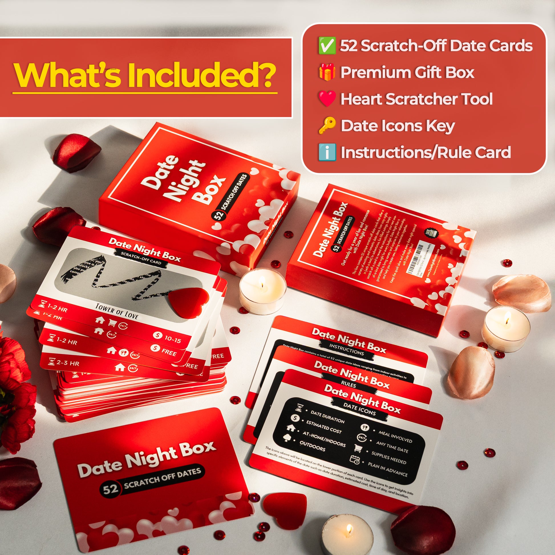 Flat lay of Date Night Box couples game showing contents: 52 romantic scratch-off date cards, red heart scratcher tool, rule card, date icon key, and premium gift box. Surrounded by candles, petals, and soft shadows for a romantic vibe. A perfect couples gift for Valentine's Day, anniversaries, weddings, or date nights at home. Fun and meaningful relationship game for husbands, wives, boyfriends, girlfriends, or newly engaged couples.