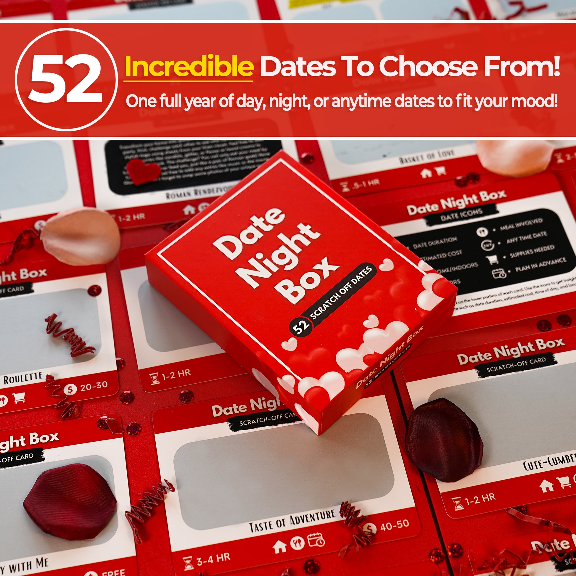 Date Night Box for couples, romantic scratch-off card game with 52 surprise date ideas. Couples gift, boyfriend gift, girlfriend gift, husband gift, wife gift, anniversary gift, Valentine’s Day gift, wedding gift, newlywed gift, romantic game for couples, relationship game, fun couples activity, date night ideas at home, adult games for couples, unique couples gift, couples challenge, gift for him and her, romantic card deck, stocking stuffer, engagement gift, year of dates.