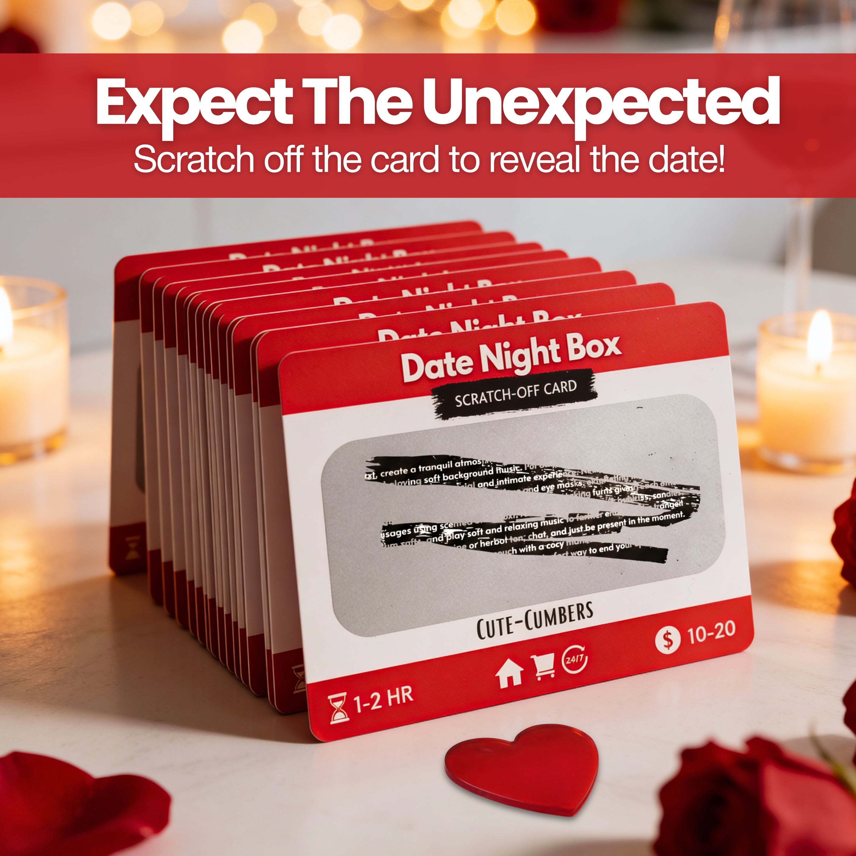Scratch-off date night card game for couples featuring creative and romantic ideas. Perfect for married couples, dating couples, or new relationships. Date Night Box includes 52 unique, fun, and spontaneous date ideas designed to spark connection and laughter. Great anniversary gift, wedding gift, Valentine’s Day gift, or romantic birthday gift. A must-have couples activity, relationship builder, or romantic gift for him or her to enjoy quality time together at home.