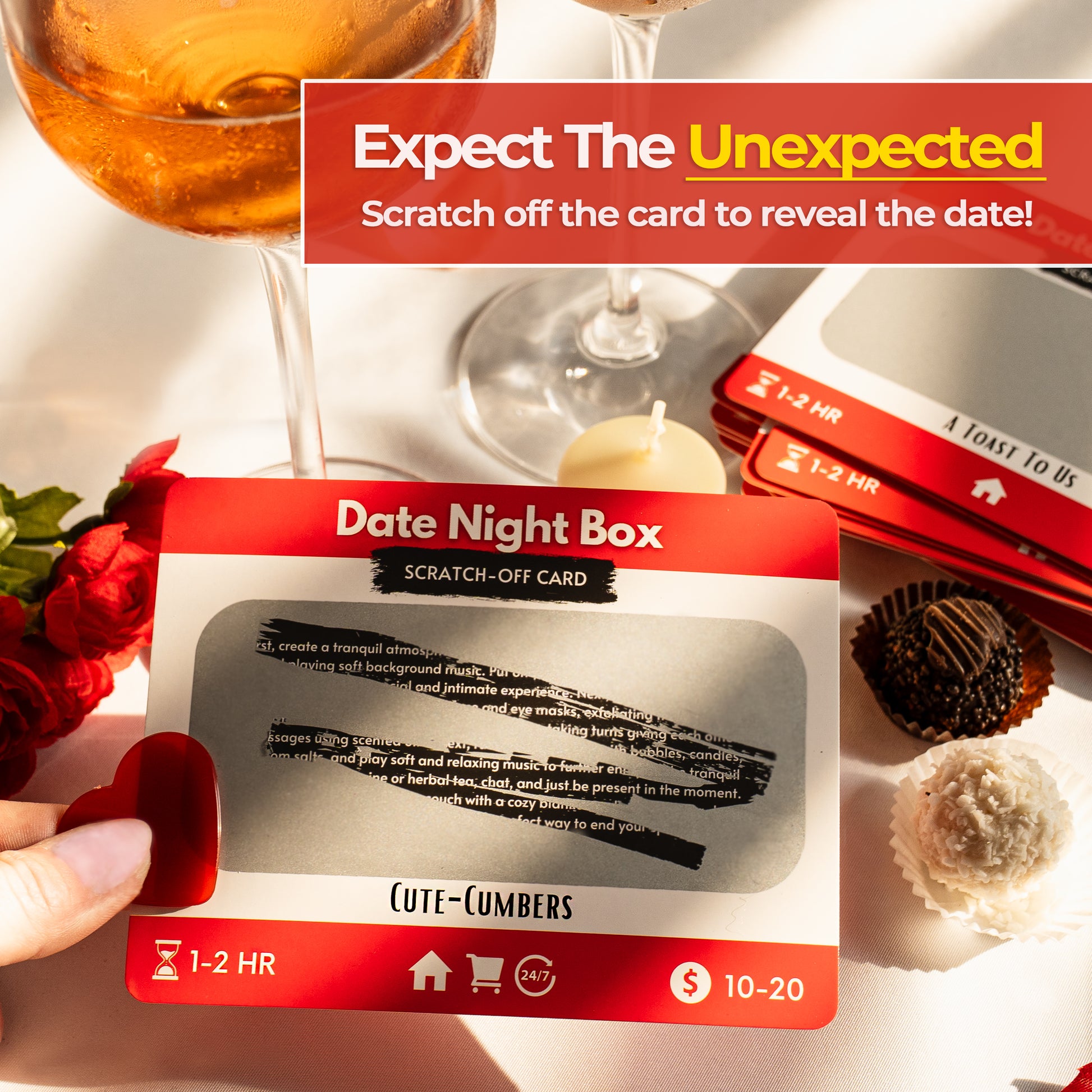 Scratch-off date night card game for couples featuring creative and romantic ideas. Perfect for married couples, dating couples, or new relationships. Date Night Box includes 52 unique, fun, and spontaneous date ideas designed to spark connection and laughter. Great anniversary gift, wedding gift, Valentine’s Day gift, or romantic birthday gift. A must-have couples activity, relationship builder, or romantic gift for him or her to enjoy quality time together at home.